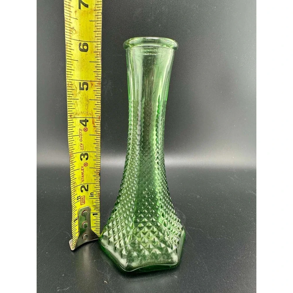 Vintage EO Brody Co Green Glass Bud Vase‎ Hexagon Diamond Point 6.5